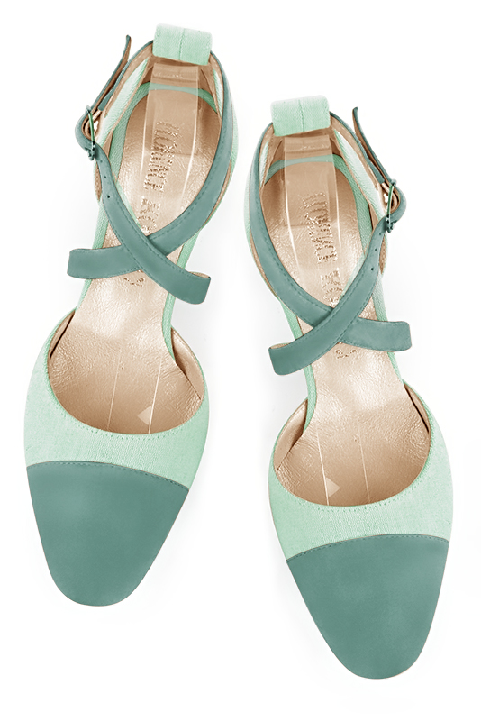 Mint green women's open side shoes, with crossed straps. Round toe. Medium block heels. Top view - Florence KOOIJMAN